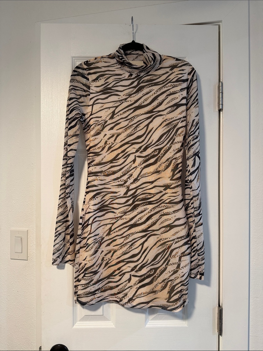 superdown Beige and Black Zebra-Print Long Sleeve Turtleneck Dress